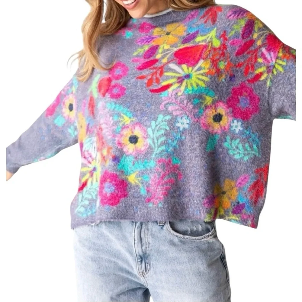 Natural Life Cashmere Like Mock Neck Sweater Charcoal Pink Poppy Size Medium - Picture 11 of 11